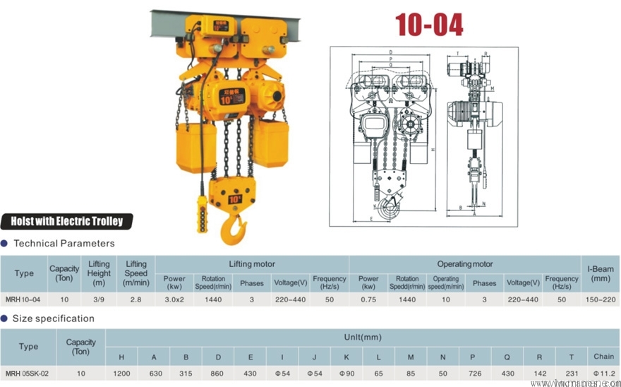 10噸運行式環(huán)鏈電動葫蘆帶運行小車技術(shù)參數(shù)